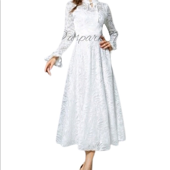 White Abstract Sheer Overlay Fit and Flare Dress - Picture 3 of 3